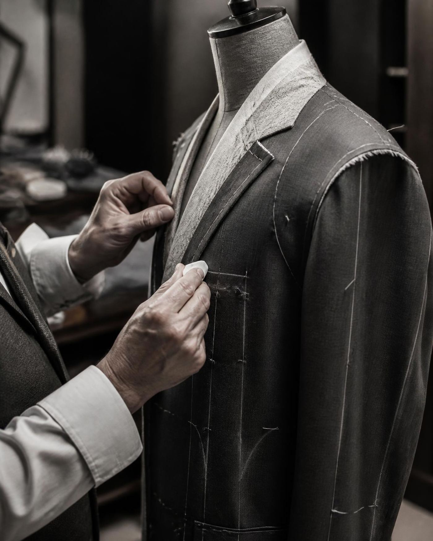 A tailor chalk-marking a part-made bespoke jacket