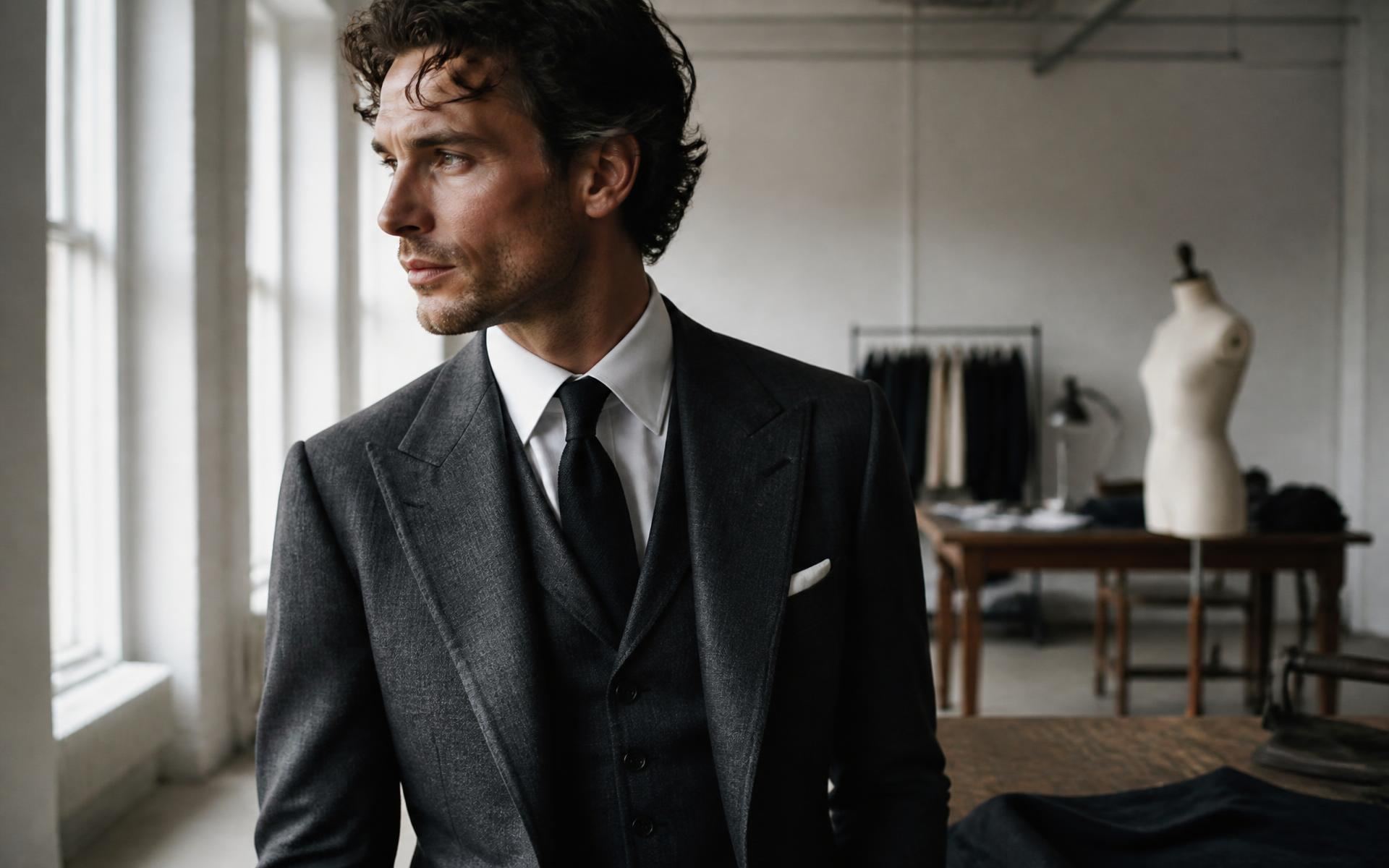 A man wearing a charcoal three-piece suit in a tailoring workroom